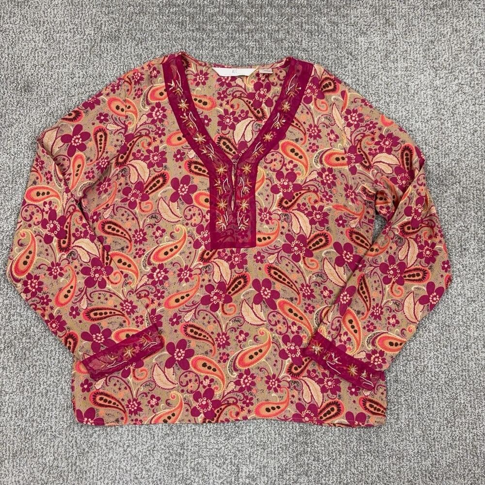 ALC At Last Classics Top Women Large Pink Paisley Floral Embroidered Boho
